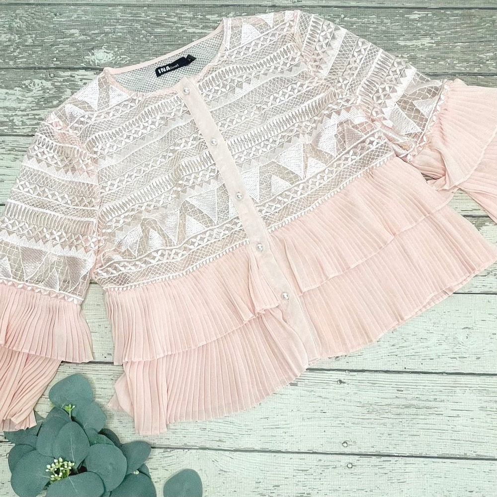INA í:na Lace Chiffon Button Up Pleated Top